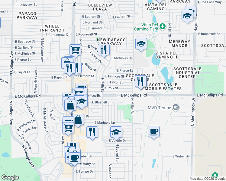 map of restaurants, bars, coffee shops, grocery stores, and more near 7426 East McKellips Road in Scottsdale