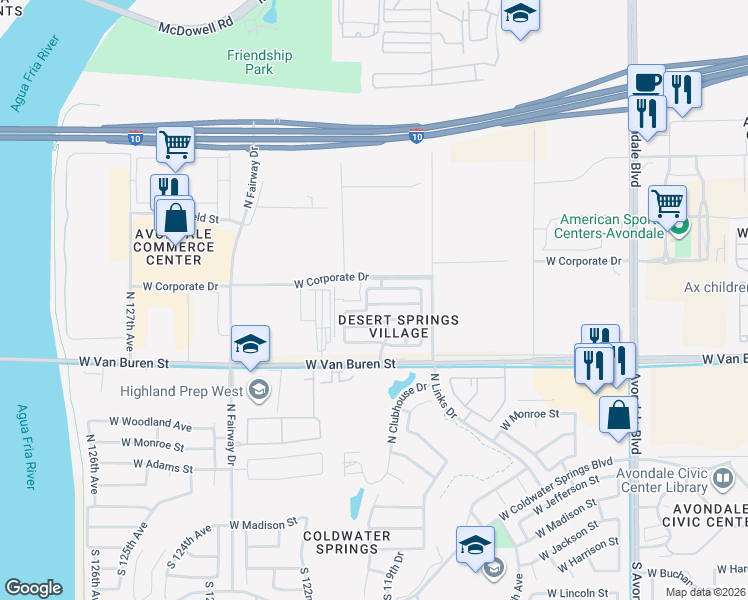 map of restaurants, bars, coffee shops, grocery stores, and more near 11991 West Fillmore Street in Avondale