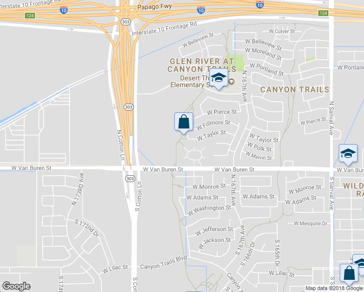map of restaurants, bars, coffee shops, grocery stores, and more near 436 North 169th Avenue in Goodyear