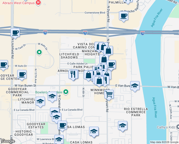 map of restaurants, bars, coffee shops, grocery stores, and more near 1506 North La Fresa Drive in Goodyear