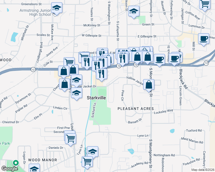 map of restaurants, bars, coffee shops, grocery stores, and more near 298 Yellow Jacket Drive in Starkville