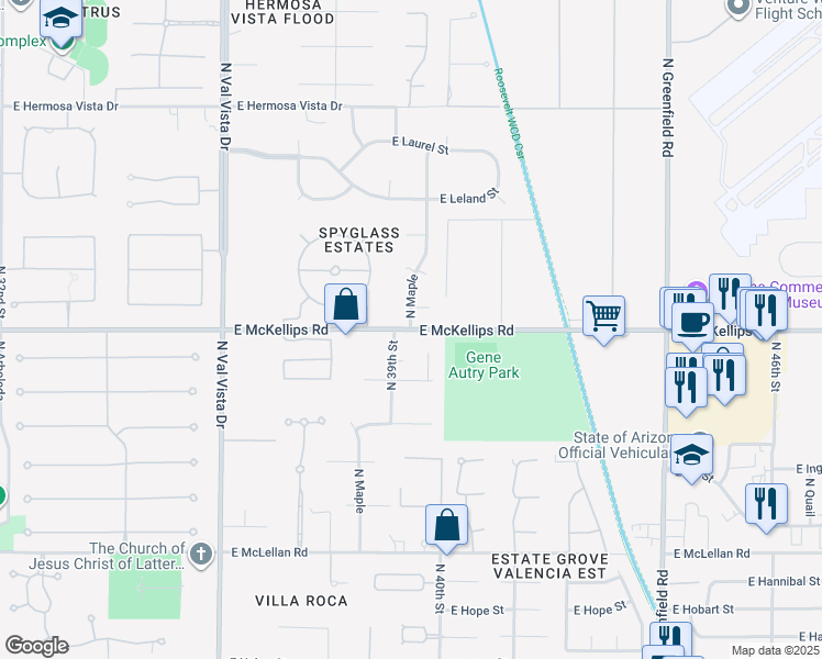 map of restaurants, bars, coffee shops, grocery stores, and more near 3877 East McKellips Road in Mesa