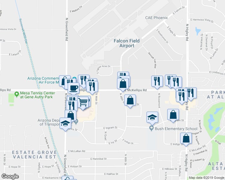 map of restaurants, bars, coffee shops, grocery stores, and more near East McKellips Road in Mesa