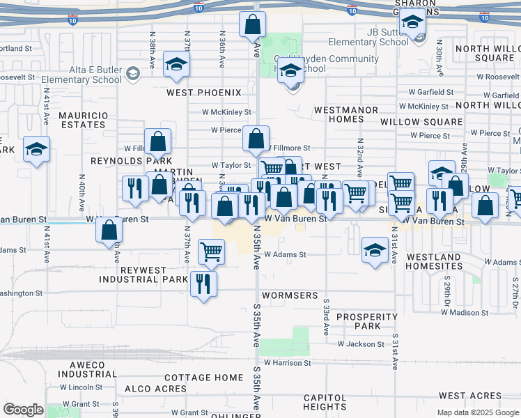 map of restaurants, bars, coffee shops, grocery stores, and more near 3480 West Van Buren Street in Phoenix