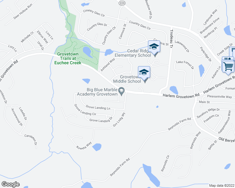 map of restaurants, bars, coffee shops, grocery stores, and more near 800 Landing Drive in Grovetown