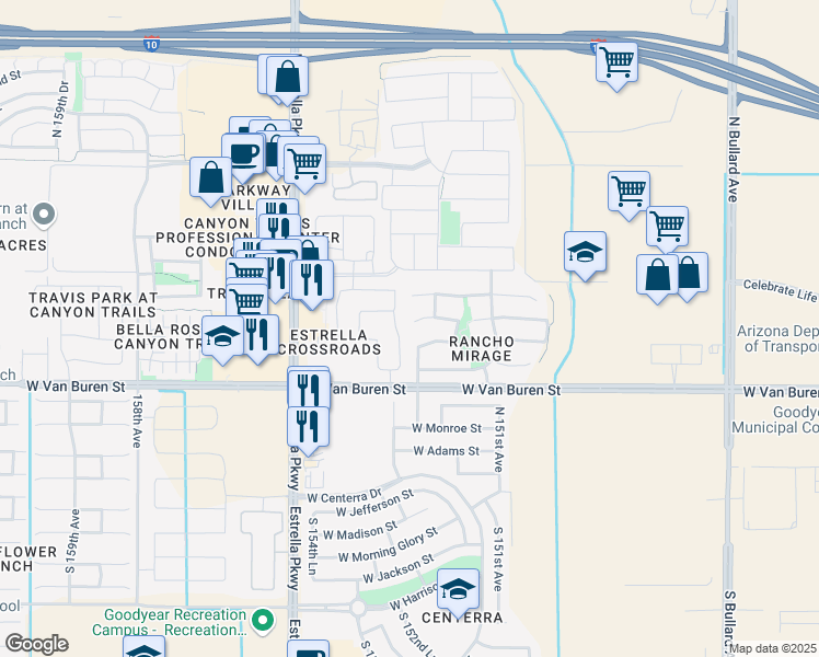 map of restaurants, bars, coffee shops, grocery stores, and more near 15271 West Taylor Street in Goodyear