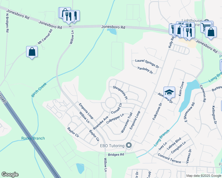 map of restaurants, bars, coffee shops, grocery stores, and more near 124 Emporia Loop in McDonough