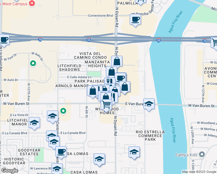 map of restaurants, bars, coffee shops, grocery stores, and more near 490 North Dysart Road in Goodyear