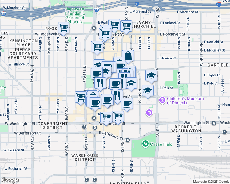 map of restaurants, bars, coffee shops, grocery stores, and more near 200 East Van Buren Street in Phoenix