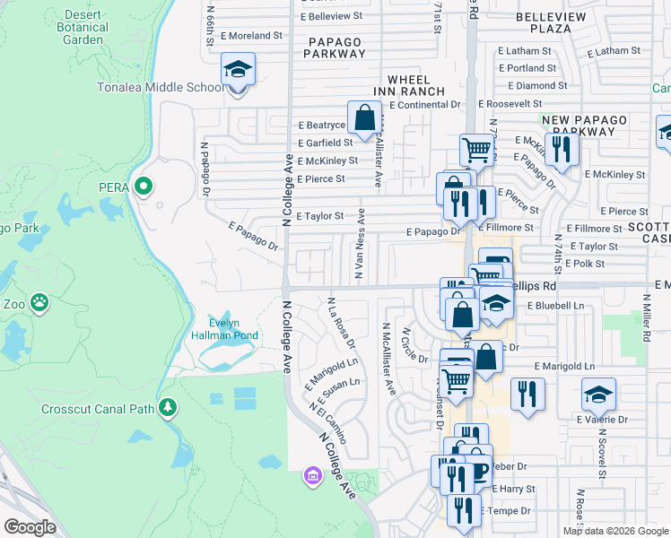 map of restaurants, bars, coffee shops, grocery stores, and more near 2007 North Squire Avenue in Tempe