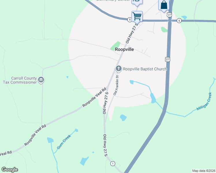 map of restaurants, bars, coffee shops, grocery stores, and more near 99 Old Franklin Street in Roopville
