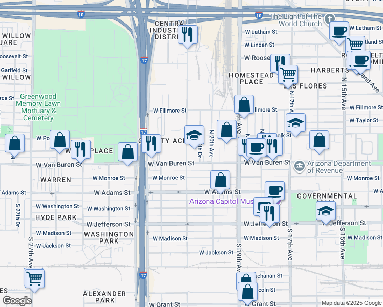 map of restaurants, bars, coffee shops, grocery stores, and more near 320 North 20th Drive in Phoenix