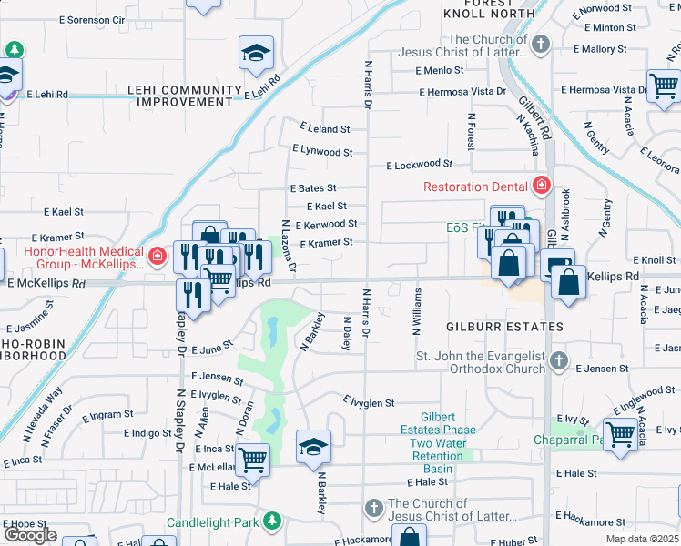 map of restaurants, bars, coffee shops, grocery stores, and more near 1516 East Julep Circle in Mesa