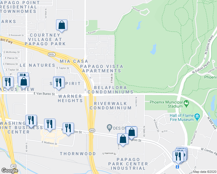 map of restaurants, bars, coffee shops, grocery stores, and more near 5302 East Van Buren Street in Phoenix