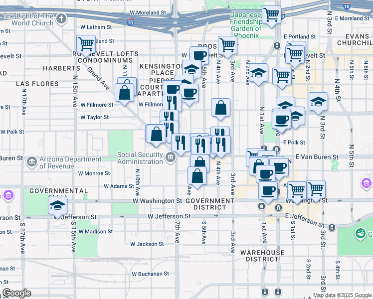 map of restaurants, bars, coffee shops, grocery stores, and more near 300 North 6th Avenue in Phoenix