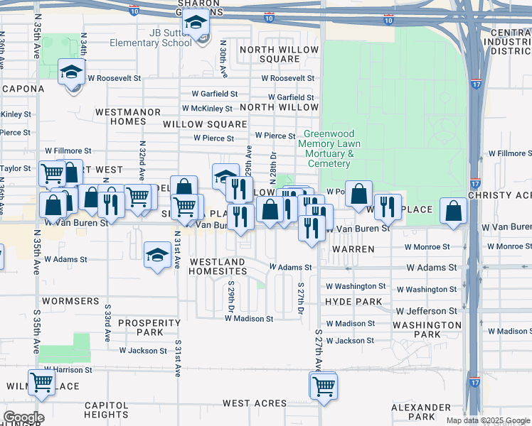 map of restaurants, bars, coffee shops, grocery stores, and more near 2812 West Van Buren Street in Phoenix