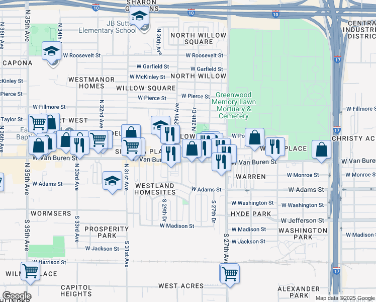 map of restaurants, bars, coffee shops, grocery stores, and more near 2812 West Van Buren Street in Phoenix
