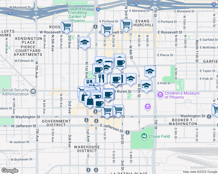map of restaurants, bars, coffee shops, grocery stores, and more near 120 East Van Buren Street in Phoenix