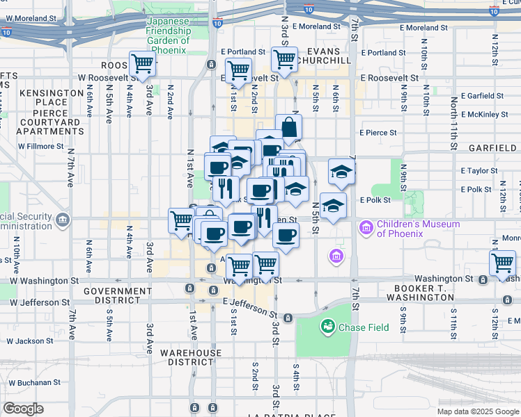 map of restaurants, bars, coffee shops, grocery stores, and more near 200 East Van Buren Street in Phoenix