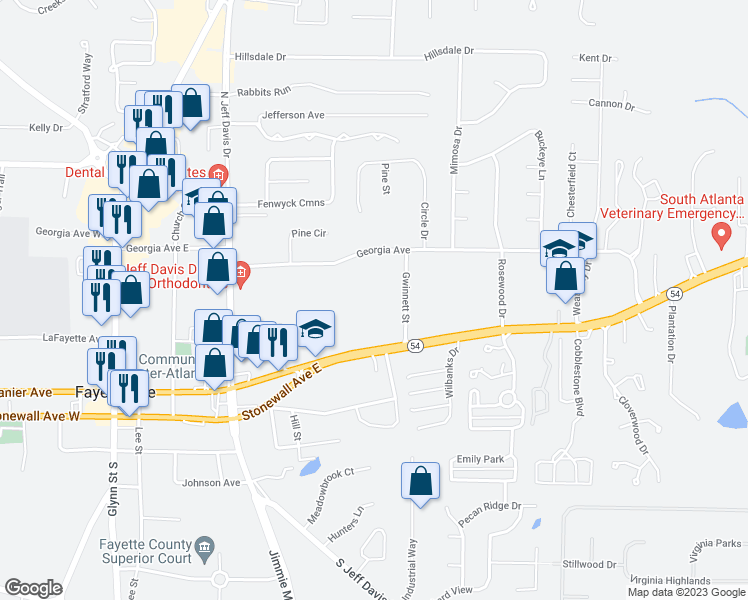 map of restaurants, bars, coffee shops, grocery stores, and more near 540 East Lanier Avenue in Fayetteville