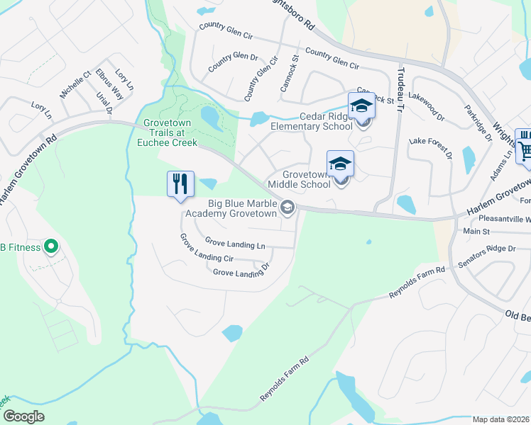 map of restaurants, bars, coffee shops, grocery stores, and more near 829 Landing Drive in Grovetown