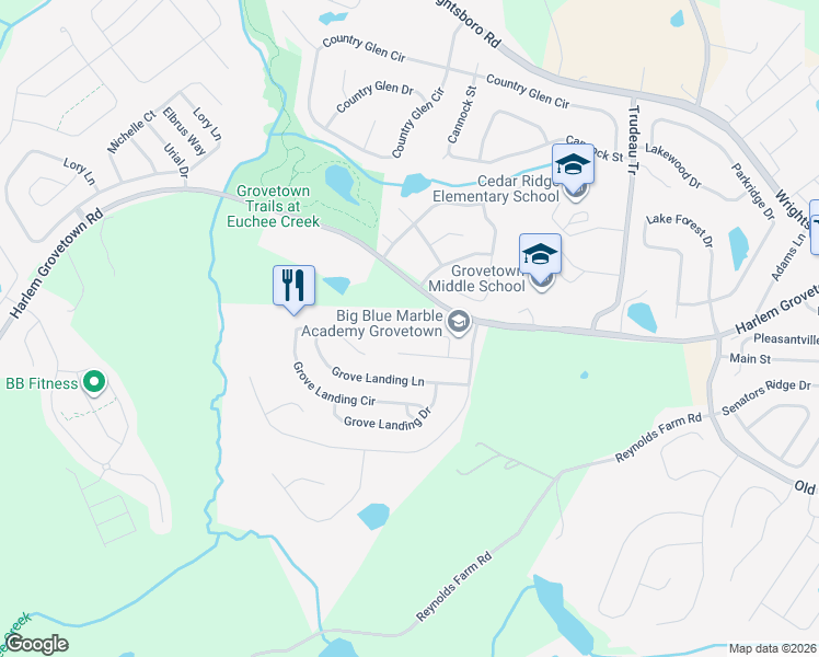 map of restaurants, bars, coffee shops, grocery stores, and more near 829 Landing Drive in Grovetown