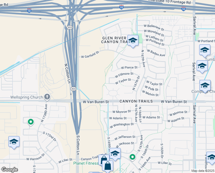 map of restaurants, bars, coffee shops, grocery stores, and more near 470 North 168th Lane in Goodyear