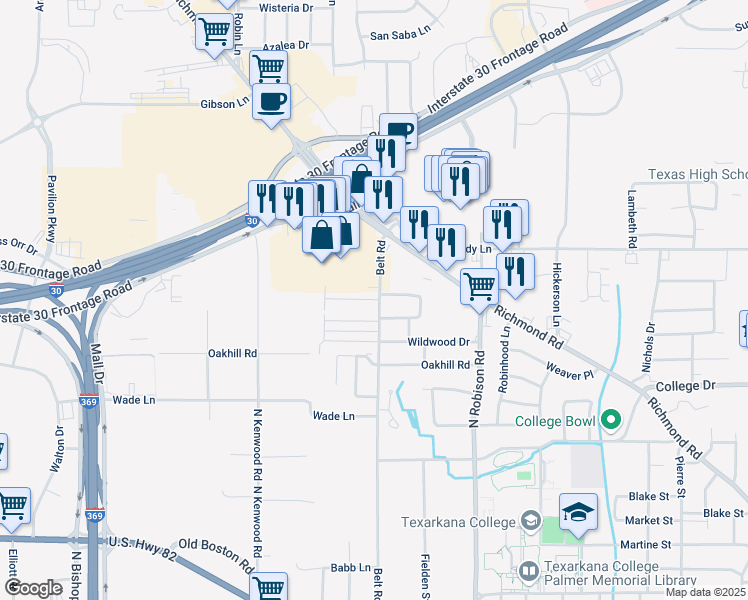 map of restaurants, bars, coffee shops, grocery stores, and more near 1009 Champion Street in Texarkana