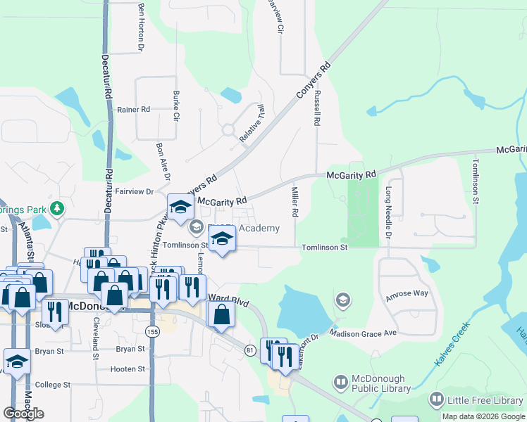 map of restaurants, bars, coffee shops, grocery stores, and more near 450 McGarity Road in McDonough