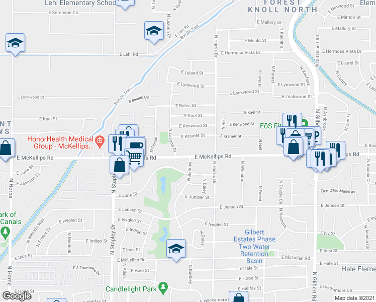 map of restaurants, bars, coffee shops, grocery stores, and more near 1516 East Julep Circle in Mesa