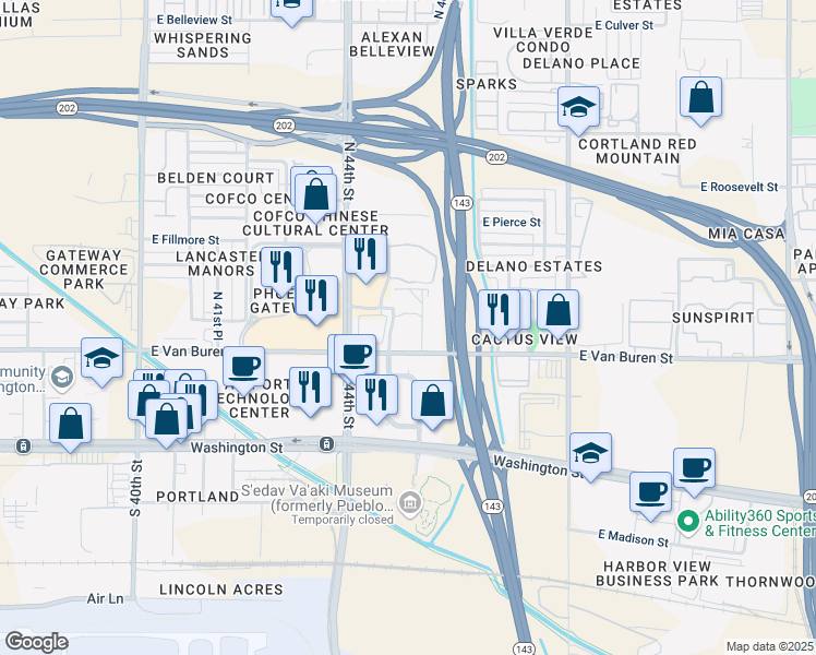 map of restaurants, bars, coffee shops, grocery stores, and more near Gateway Blvd in Phoenix