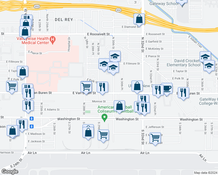 map of restaurants, bars, coffee shops, grocery stores, and more near 2900 East Van Buren Street in Phoenix