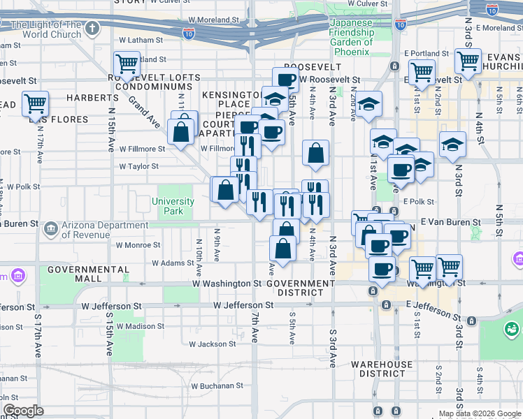 map of restaurants, bars, coffee shops, grocery stores, and more near 300 North 6th Avenue in Phoenix