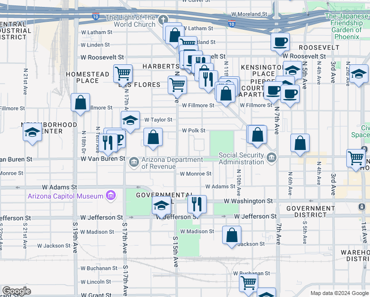 map of restaurants, bars, coffee shops, grocery stores, and more near 1402 West Van Buren Street in Phoenix