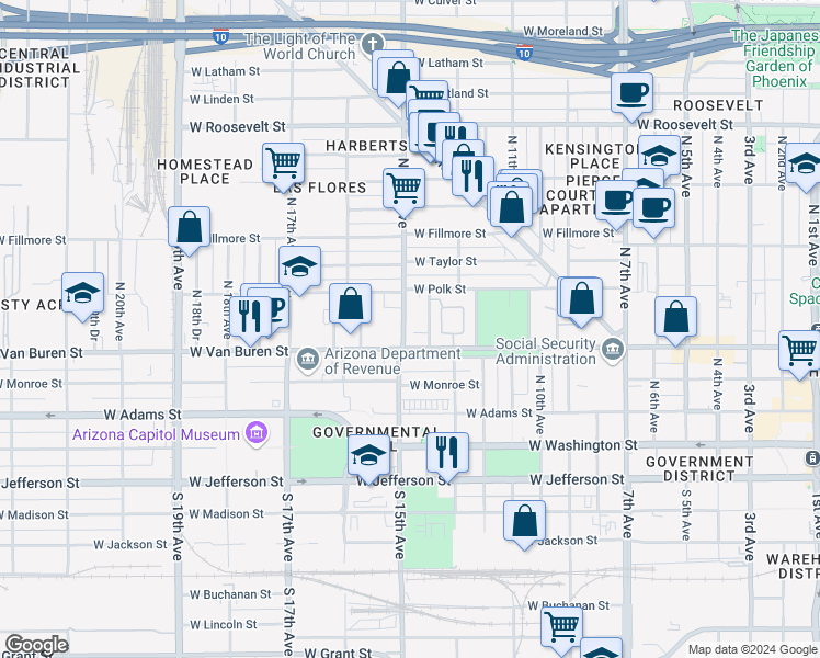 map of restaurants, bars, coffee shops, grocery stores, and more near 1402 West Van Buren Street in Phoenix