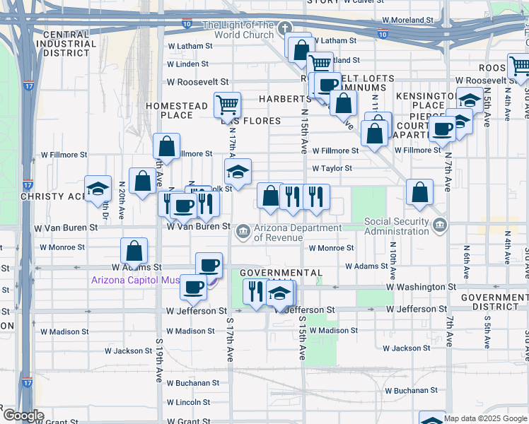 map of restaurants, bars, coffee shops, grocery stores, and more near 1550 West Van Buren Street in Phoenix