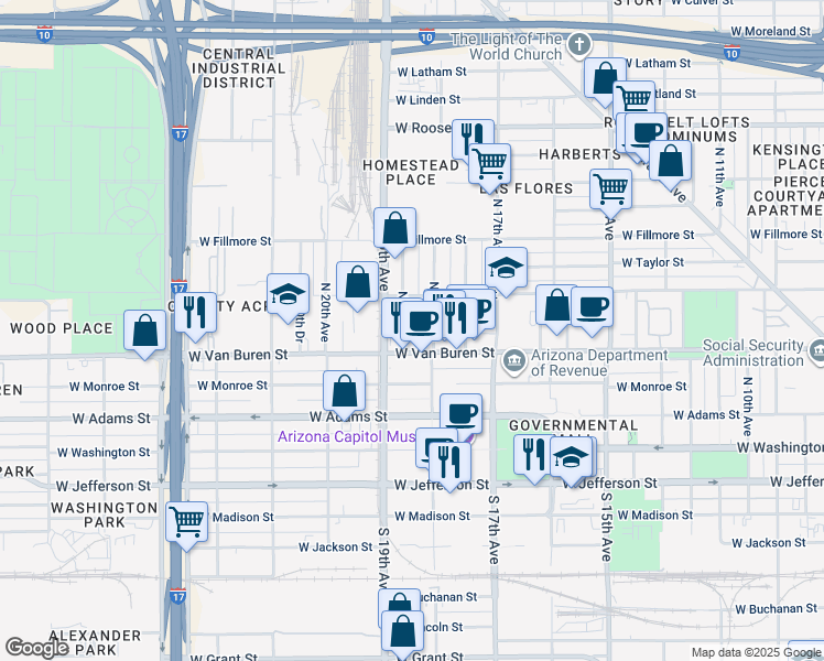 map of restaurants, bars, coffee shops, grocery stores, and more near in Phoenix