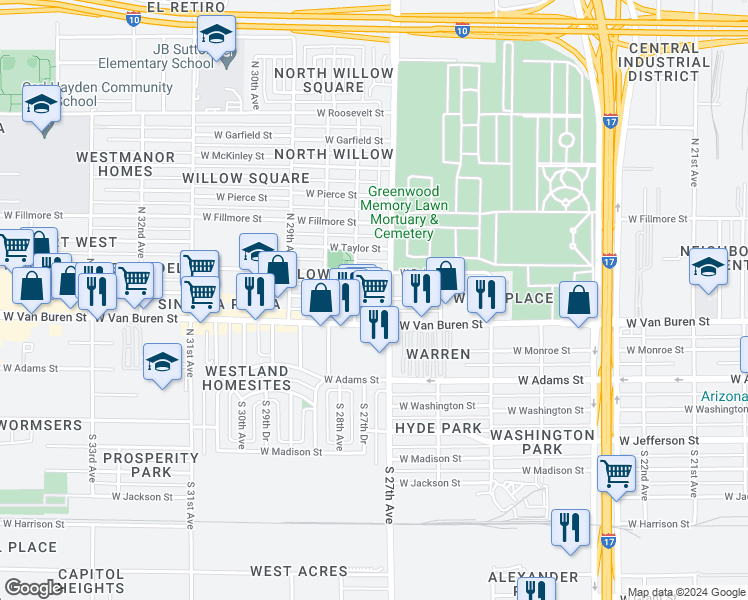 map of restaurants, bars, coffee shops, grocery stores, and more near in Phoenix