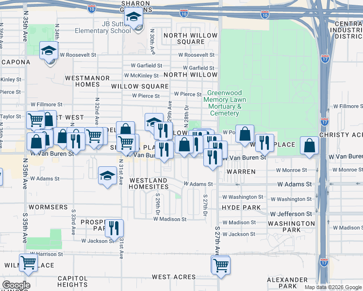 map of restaurants, bars, coffee shops, grocery stores, and more near 2812 West Van Buren Street in Phoenix