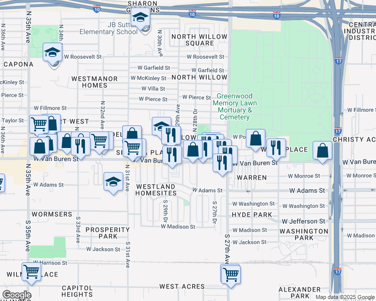 map of restaurants, bars, coffee shops, grocery stores, and more near 2812 West Van Buren Street in Phoenix