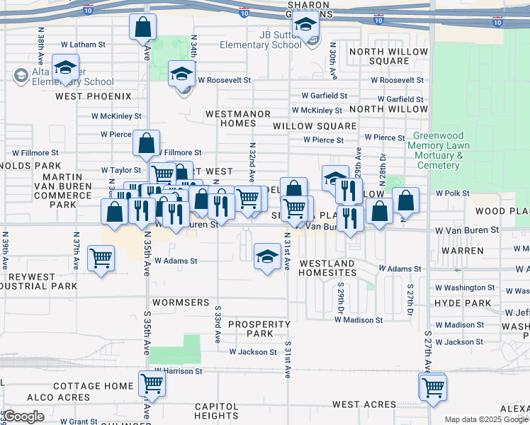 map of restaurants, bars, coffee shops, grocery stores, and more near 3146 West Van Buren Street in Phoenix