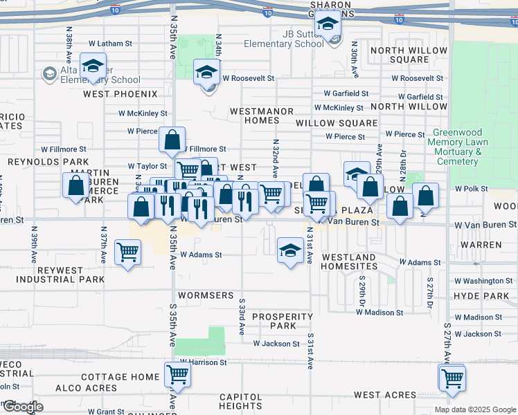 map of restaurants, bars, coffee shops, grocery stores, and more near 3256 West Van Buren Street in Phoenix