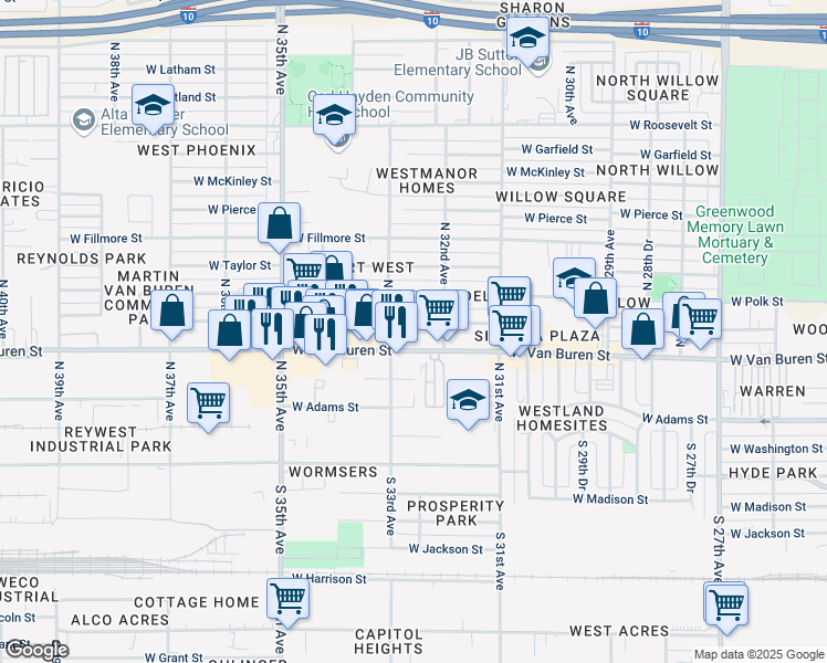 map of restaurants, bars, coffee shops, grocery stores, and more near 3256 West Van Buren Street in Phoenix