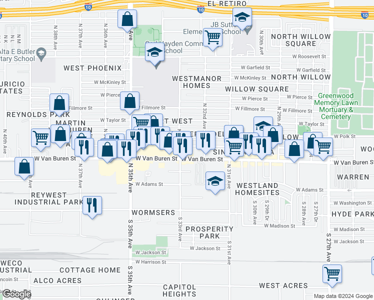 map of restaurants, bars, coffee shops, grocery stores, and more near 3256 West Van Buren Street in Phoenix