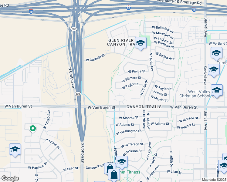 map of restaurants, bars, coffee shops, grocery stores, and more near 470 North 168th Lane in Goodyear