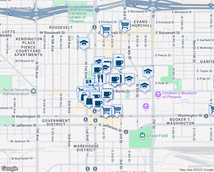 map of restaurants, bars, coffee shops, grocery stores, and more near 120 East Van Buren Street in Phoenix