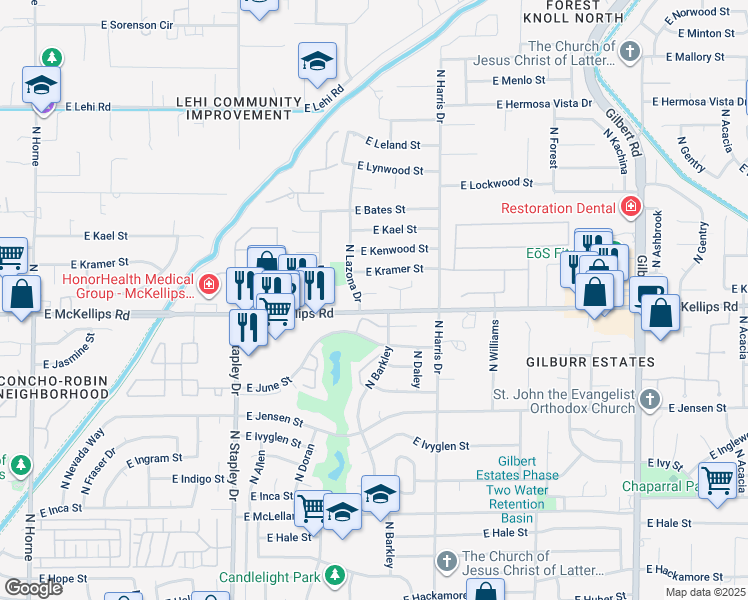map of restaurants, bars, coffee shops, grocery stores, and more near 1431 East Knoll Circle in Mesa