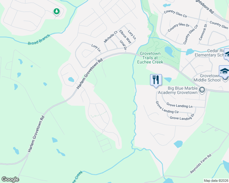 map of restaurants, bars, coffee shops, grocery stores, and more near 5694 Harlem Grovetown Road in Grovetown