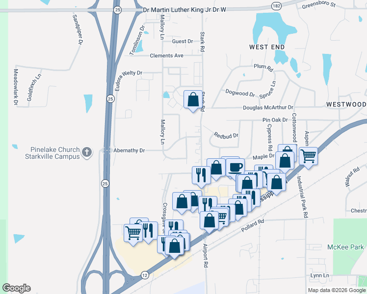 map of restaurants, bars, coffee shops, grocery stores, and more near Mallory Lane in Starkville