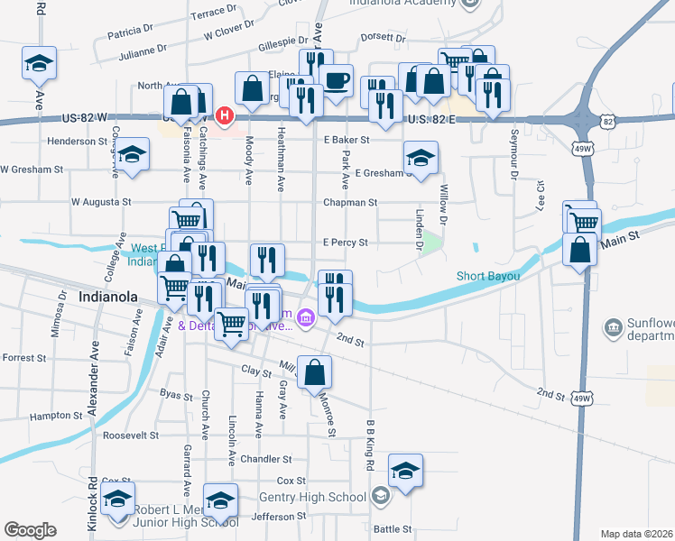 map of restaurants, bars, coffee shops, grocery stores, and more near 100-104 Park Avenue in Indianola
